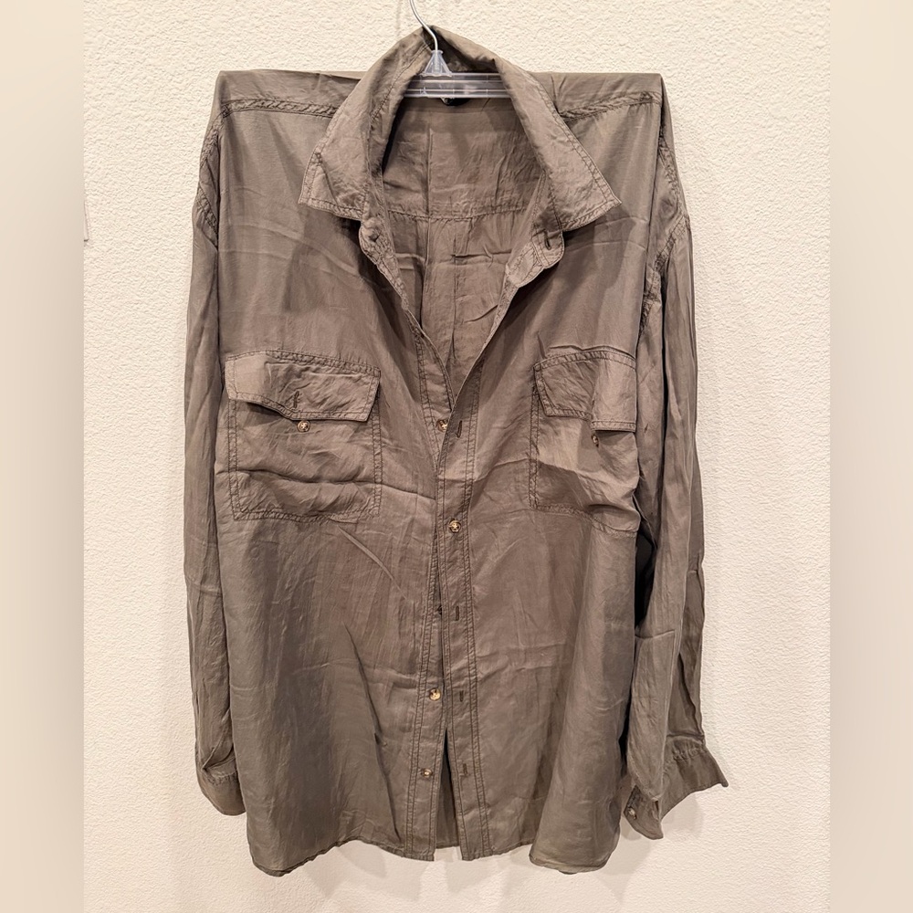 100% silk Lightweight Button-Up Utility Shirt Jacket - Olive